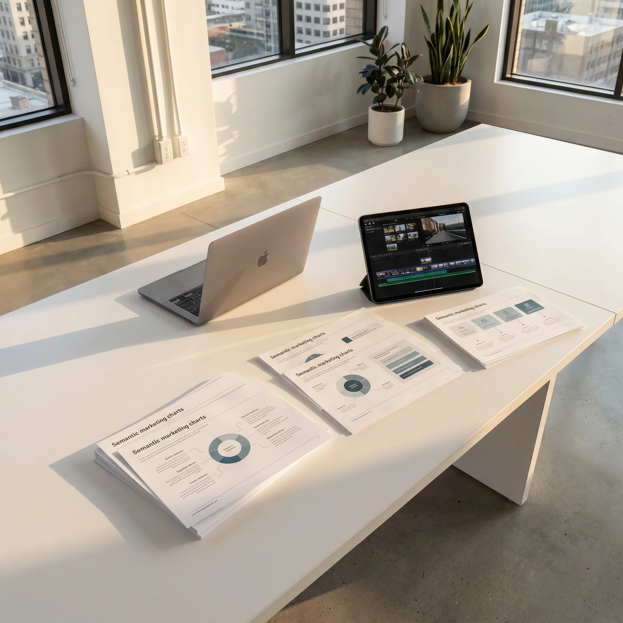 centralized-marketing-production-planning.webp A bright, airy meeting room table with a laptop, a tablet, and physical storyboards arranged under soft natural light.